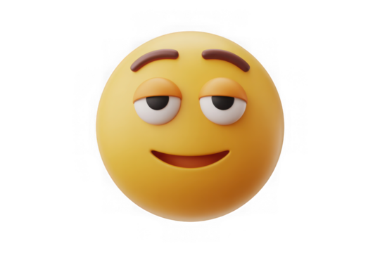 Smirking 3d rendered emoji with yellow spherical face and brown eyebrows expressing mischief
