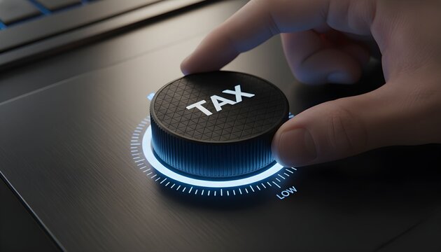 A hand adjusts a glowing "TAX" dial to a low setting, symbolizing tax control or reduction.