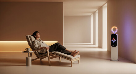 Relaxing in modern space with sleek air purifier, creating serene atmosphere