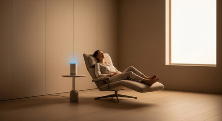 woman relaxes in modern recliner, enjoying serene atmosphere