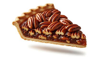 A delicious slice of classic pecan pie floating on a white background.