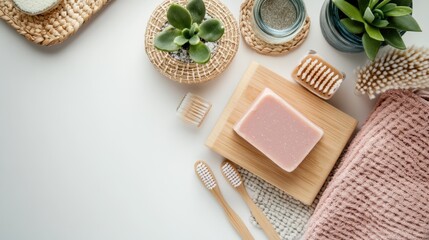 Flat lay of eco-friendly bathroom essentials.  Small plants, soap, brushes, and towels arranged on a white surface