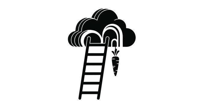Ladder reaching towards a carrot hanging from a cloud, symbolizing motivation and goals.