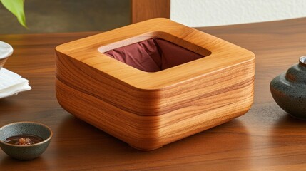 Wooden square container with a recessed, lined interior