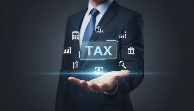 Professional businessman presenting a digital interface with 'TAX' and financial icons.