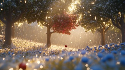 A sunlit, magical forest glade filled with flowers, trees, and soft light