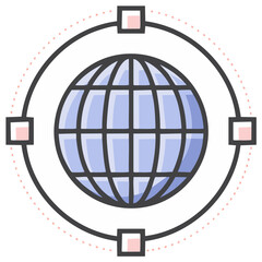 Global network icon with globe surrounded by circles and connections squares