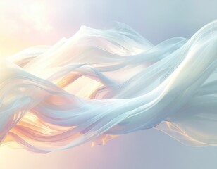 Abstract flowing ribbons of light with pearlescent texture and sparkling particles in soft pastel gradient background