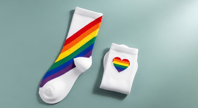A pair of white socks with rainbow stripes and a rainbow heart isolated on white background