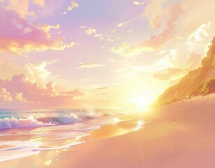 Serene Beach Sunset With Gentle Waves And Golden Light Illuminating The Coastline In Soft Pastel Hues