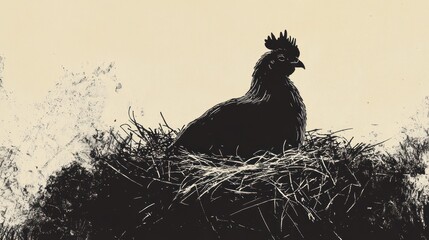 Silhouette of a hen in a nest of straw