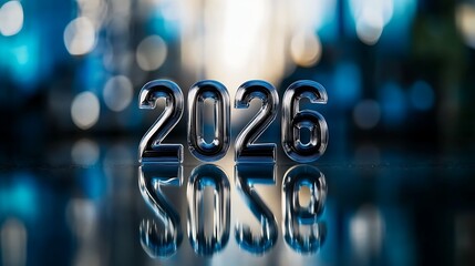 Gleaming Chrome 2026 Numbers Reflecting on a Glossy Surface with Bokeh Lights Background