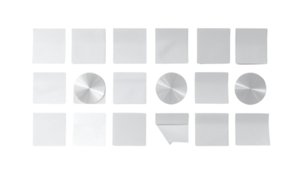 Geometric pattern of light gray metal plates and isolated white square buttons for a 3D web design concept template isolated on white background