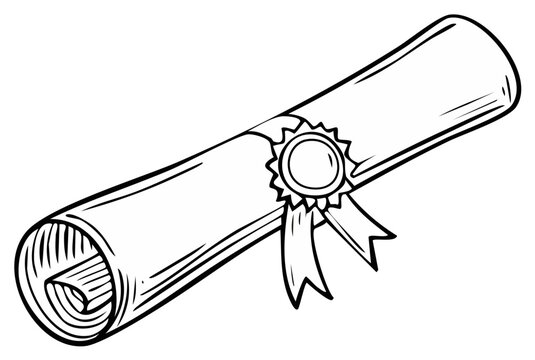 Line Art Diploma Scroll with Award Seal and Ribbon. Graduation or Certification Success