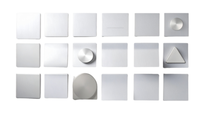 Geometric pattern of light gray metal plates and isolated white square buttons for a 3D web design concept template isolated on white background