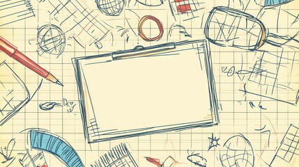 A top-down view of a blank clipboard on a page filled with hand-drawn sketches, including geometric shapes, globes, writing utensils, and other assorted doodles