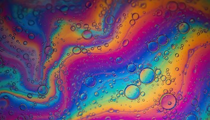 Close Up Of Colorful Oil And Water Bubbles With Iridescent Rainbow Swirls Abstract Background