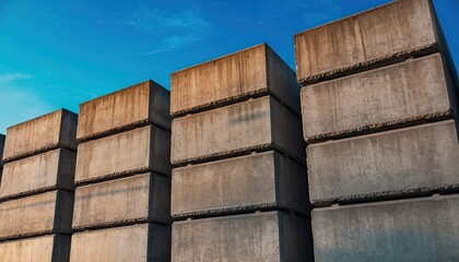Stacks of rough grey concrete blocks under a clear blue sky during golden hour lighting