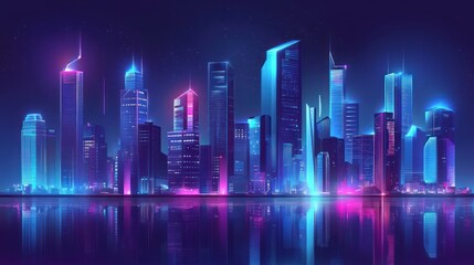 Neon-lit city skyline at night, reflected in water.  Vibrant  buildings with glowing,  futuristic  lights.  Dark  background,  smooth  style