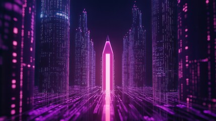 Futuristic city street with glowing magenta portal