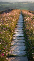 Stone Pathway Through a Blooming Meadow Under Golden Hour Sunlight With Rolling Hills in the Background Vertical Orientation