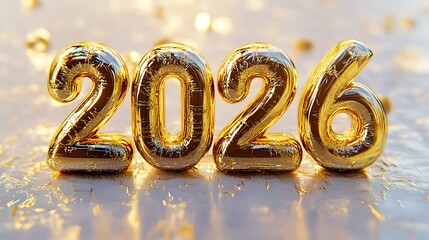 Golden 2026 Balloons on a Light Reflective Surface, Celebrating the New Year