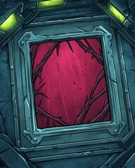 A metallic panel, framed in dark gray, holds a crimson, shadowed image.  Branches and debris sprawl across the interior.  Glowing green lights flank the panel