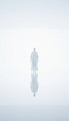 Minimalist White Sculpture of a Standing Figure Reflecting in a Glossy Surface