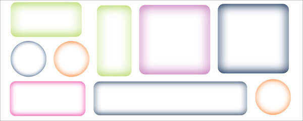 Collection of modern blank website buttons and rounded infographic shapes with soft glossy shadow effects. Vector user interface design elements, bright colorful web banners and frames, data display s