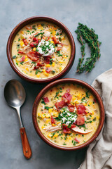 Two fictional bowls of Chicken Corn Chowder with bacon, sour cream, potato. Thyme sprigs and a spoon beside the soup as decorations. Concept of Mexican inspired meals, remarkable flavors for menus.  
