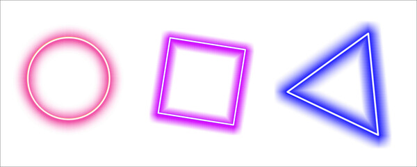 Vibrant retro futuristic neon glowing geometric shapes set on a transparent background. Bright pink, purple, and blue light frames for game design, 80s style posters, night club advertisement, or abst