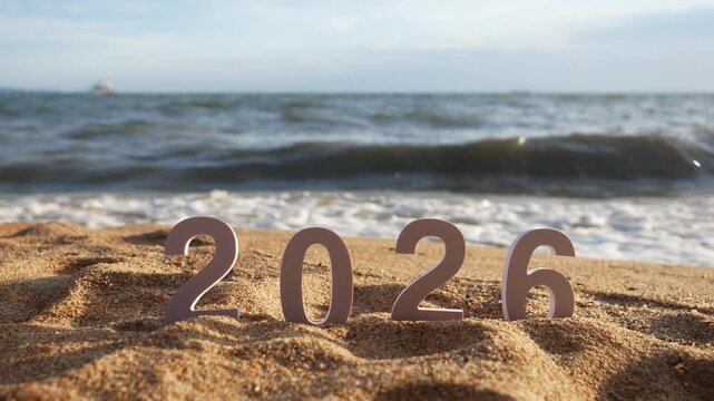 number 2026 for new year sign on summer beach at sunset, with ripple sea wave and beautiful nature at background, 2026 New Year celebration concept