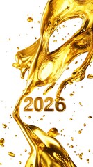Golden Liquid Splash Flowing around Year 2026 on a Clean White Background