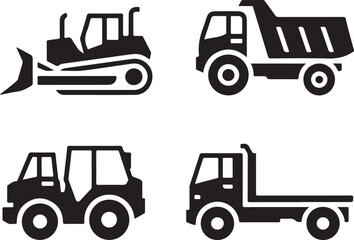 Fototapeta premium Collection of four black construction vehicle icons on white vehicles truck