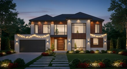 Fototapeta premium Modern luxury house exterior at dusk with exterior lighting