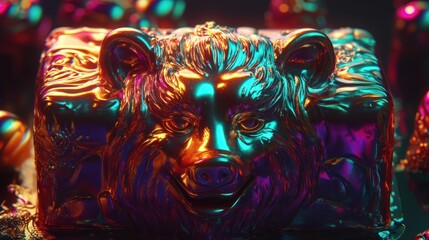 Fototapeta premium Golden bear-shaped box, vibrant colors, 3D render