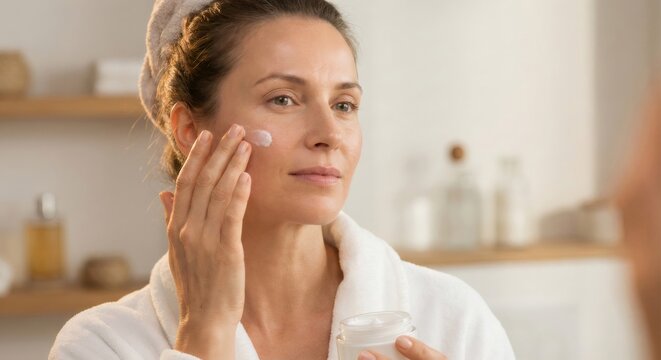 Woman in a bathrobe applying moisturizer to her face, reflecting her commitment to self care and beauty in a bathroom setting