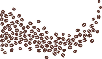 A scattering of dark brown coffee beans isolated, with an elegant wave vector design