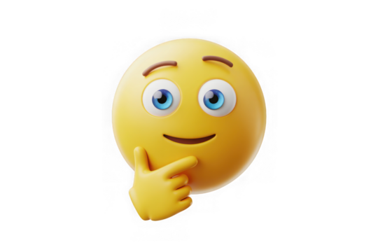 3d rendered yellow emoji character pondering with finger to chin expression