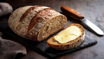 rustic artisan bread with butter and knife on stone table