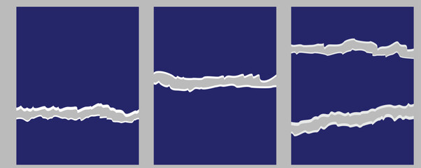 Three vertical dark blue templates with rough paper rip effect revealing gray layer for mobile interface design. Abstract distressed texture vector background for social media stories, app screens, ba