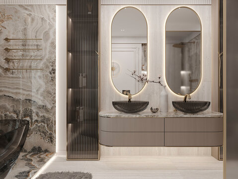 Modern luxury bathroom featuring double mirrors, sculpted stone walls, and dual sinks in a refined neutral palette.