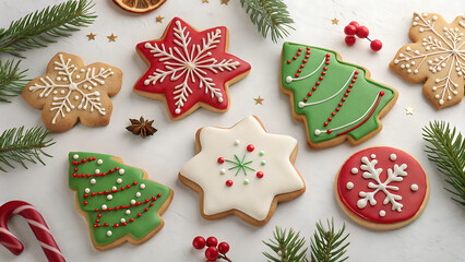 Overhead shot of various christmas cookies decorated with icing, arranged on a white surface with festive decorations, holiday baking concept