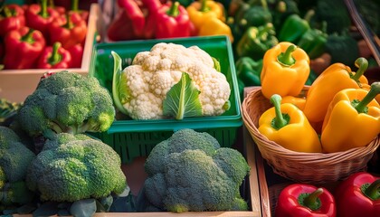 the vegetable display of fresh broccoli cauliflower and colorful bell peppers at market