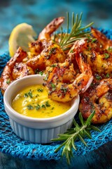 baked shrimp with mustard sauce in a white dish on a blue net, vibrant color background
