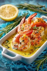 baked shrimp with mustard sauce in a white dish on a blue net, vibrant color background