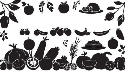 Elegant silhouette fruits and vegetables border, perfect for natural food packaging and healthy lifestyle designs, offering a clean, modern, and appealing aesthetic