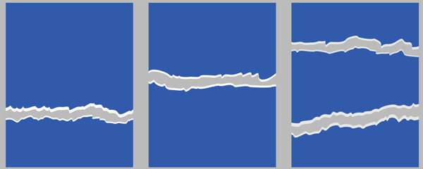 Communication breakdown or separation concept in three vertical panels with rough horizontal tear effect. Vibrant blue and contrasting gray texture ideal for abstract editorial design, news headlines,