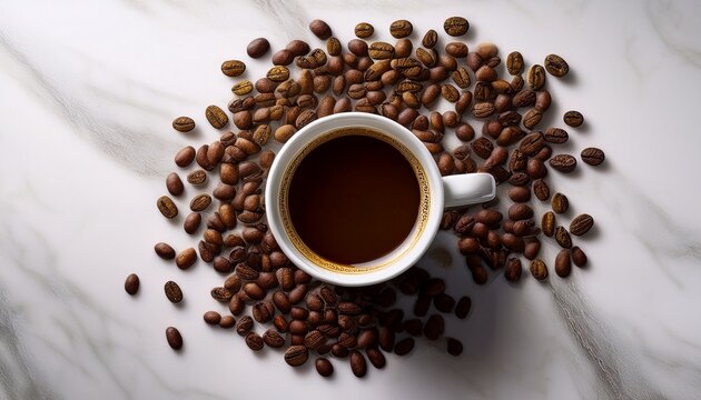 the coffee cup surrounded by roasted beans on a minimalist white marble surface - Powered by Adobe
