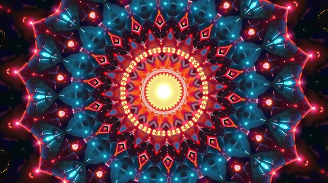 Intricate geometric mandala pattern with vibrant red and blue lights
